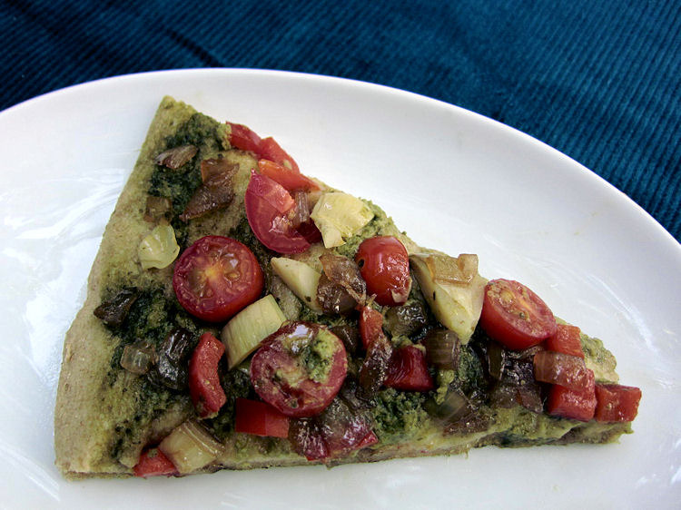 Pesto, Artichoke & Caramelized Onion Pizza on Homemade, 100% Whole Wheat Dough