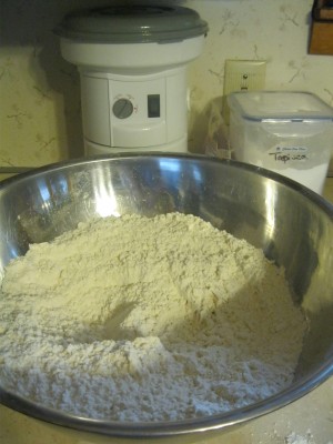 My batch of gluten free flour blend.  I use freshly ground brown rice and sorghum flours plus some cornstarch and tapioca flour as well as a bit of guar gum.