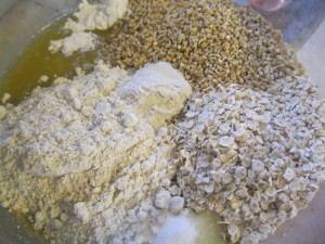 Mixing up oatmeal bars.