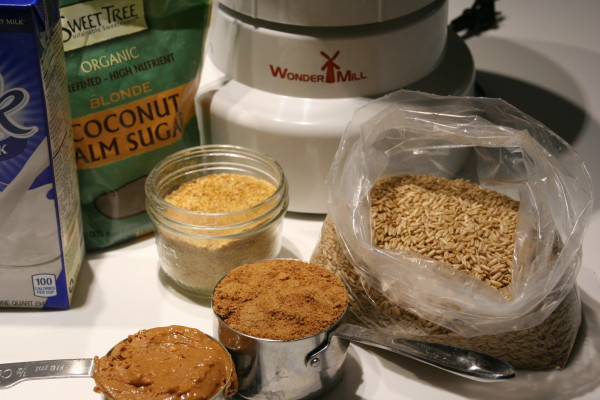 Soymilk, Whole Coconut Sugar, Peanut Butter, Ground Flax, and Whole Oat Groats to Grind!