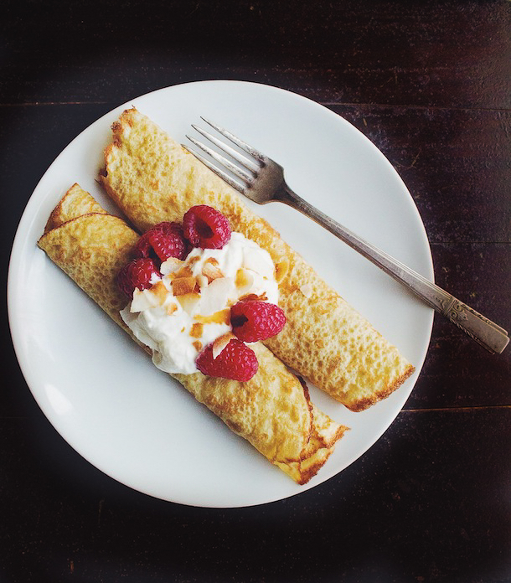 Millet Oat Crepes with Raspberries and Toasted Coconut